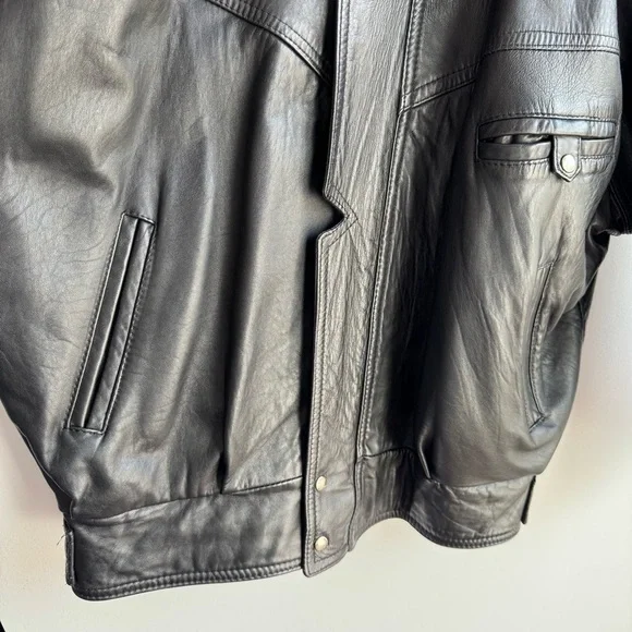 Vintage 80s 90s Oversized Leather Bomber Jacket Mens M Black Classic Moto Y2K - Picture 3 of 12